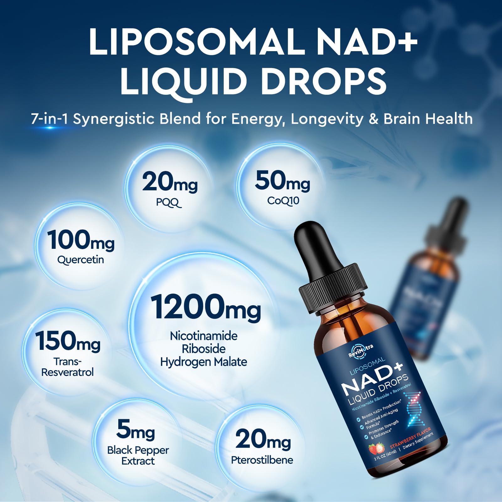 Liposomal NAD+ Liquid Supplement, Nad Resveratrol Supplement for Women & Men, Nicotinamide Riboside with PQQ, CoQ10, Quercetin for Anti-Aging, Brain, Cellular Energy Health, Strawberry Flavor, 2 Fl Oz - Maple Wellness Supplements