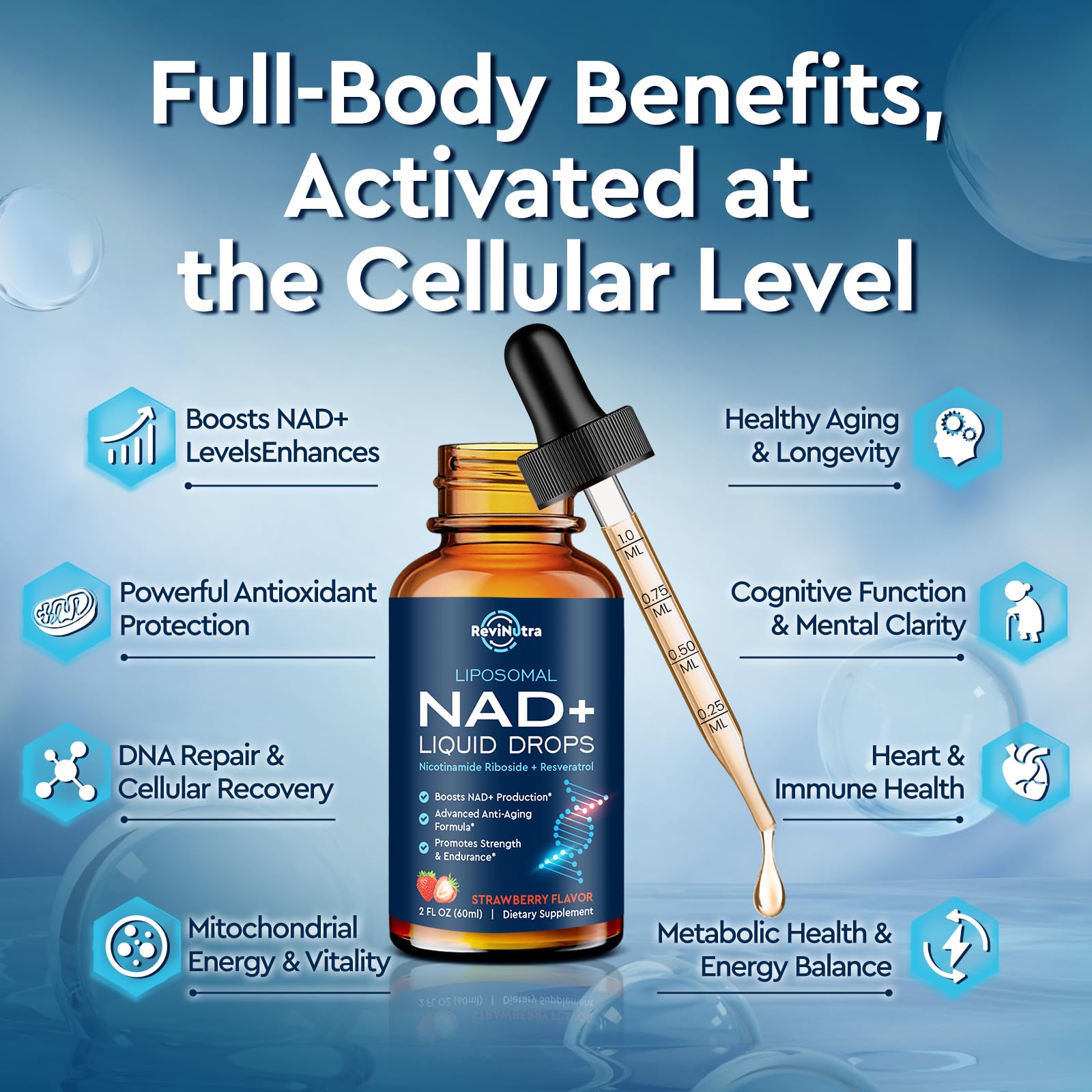 Liposomal NAD+ Liquid Supplement, Nad Resveratrol Supplement for Women & Men, Nicotinamide Riboside with PQQ, CoQ10, Quercetin for Anti-Aging, Brain, Cellular Energy Health, Strawberry Flavor, 2 Fl Oz - Maple Wellness Supplements