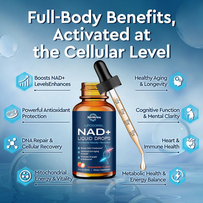 Liposomal NAD+ Liquid Supplement, Nad Resveratrol Supplement for Women & Men, Nicotinamide Riboside with PQQ, CoQ10, Quercetin for Anti-Aging, Brain, Cellular Energy Health, Strawberry Flavor, 2 Fl Oz - Maple Wellness Supplements