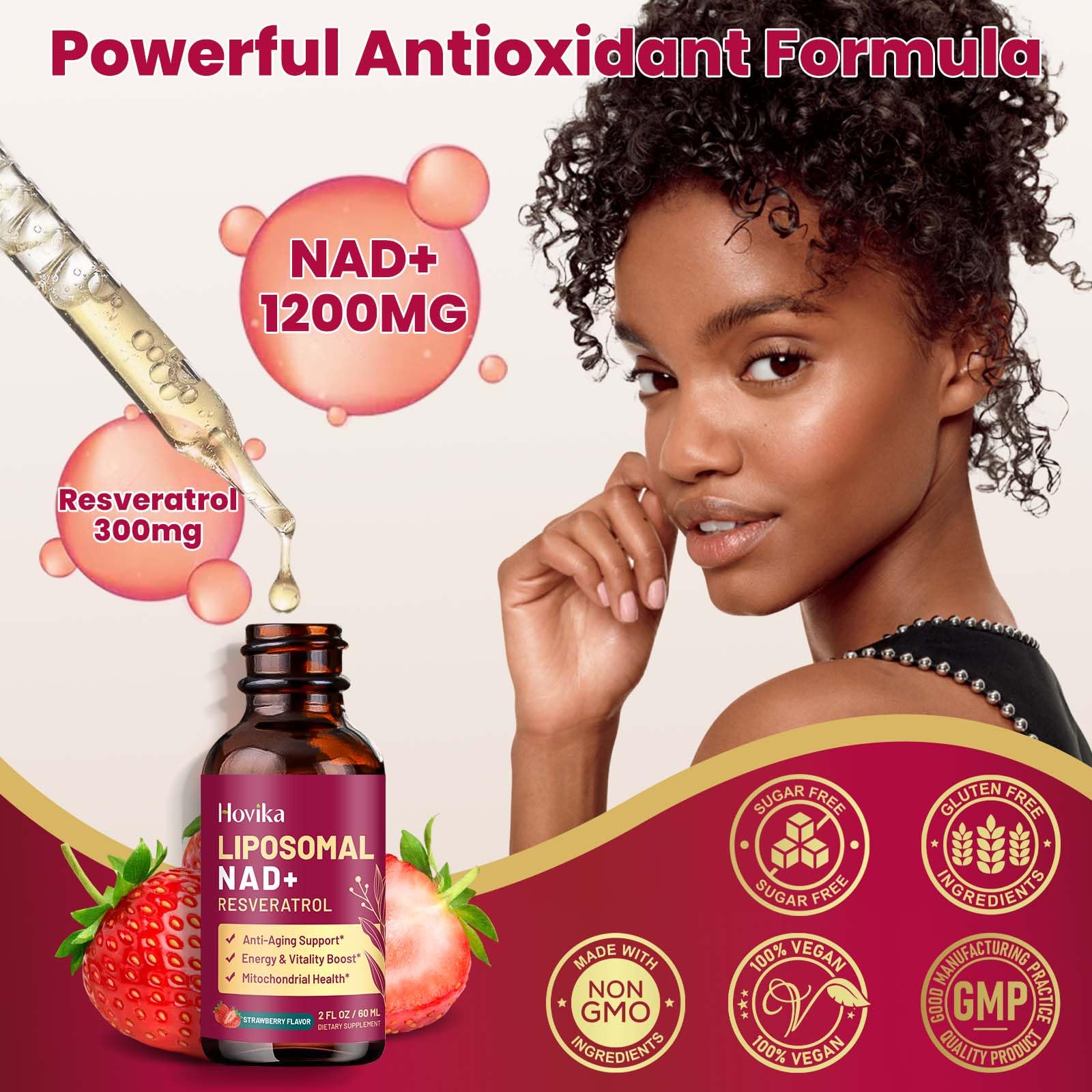 Liposomal NAD Supplement - 1200mg NAD+ Liquid Drops for Women & Men with Resveratrol, Black Pepper Extract - Support Anti-Aging, Brain & Cellular Mitochondrial Health - 2 Fl Oz, Strawberry Flavor - Maple Wellness Supplements