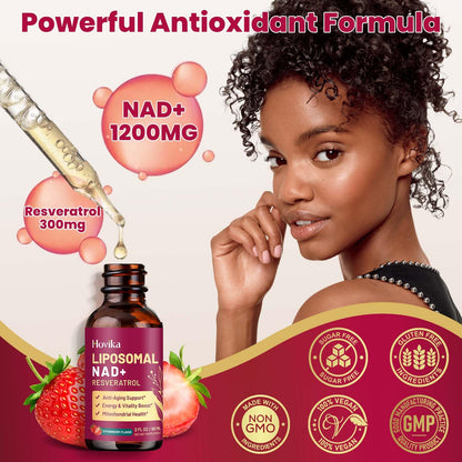 Liposomal NAD Supplement - 1200mg NAD+ Liquid Drops for Women & Men with Resveratrol, Black Pepper Extract - Support Anti-Aging, Brain & Cellular Mitochondrial Health - 2 Fl Oz, Strawberry Flavor - Maple Wellness Supplements