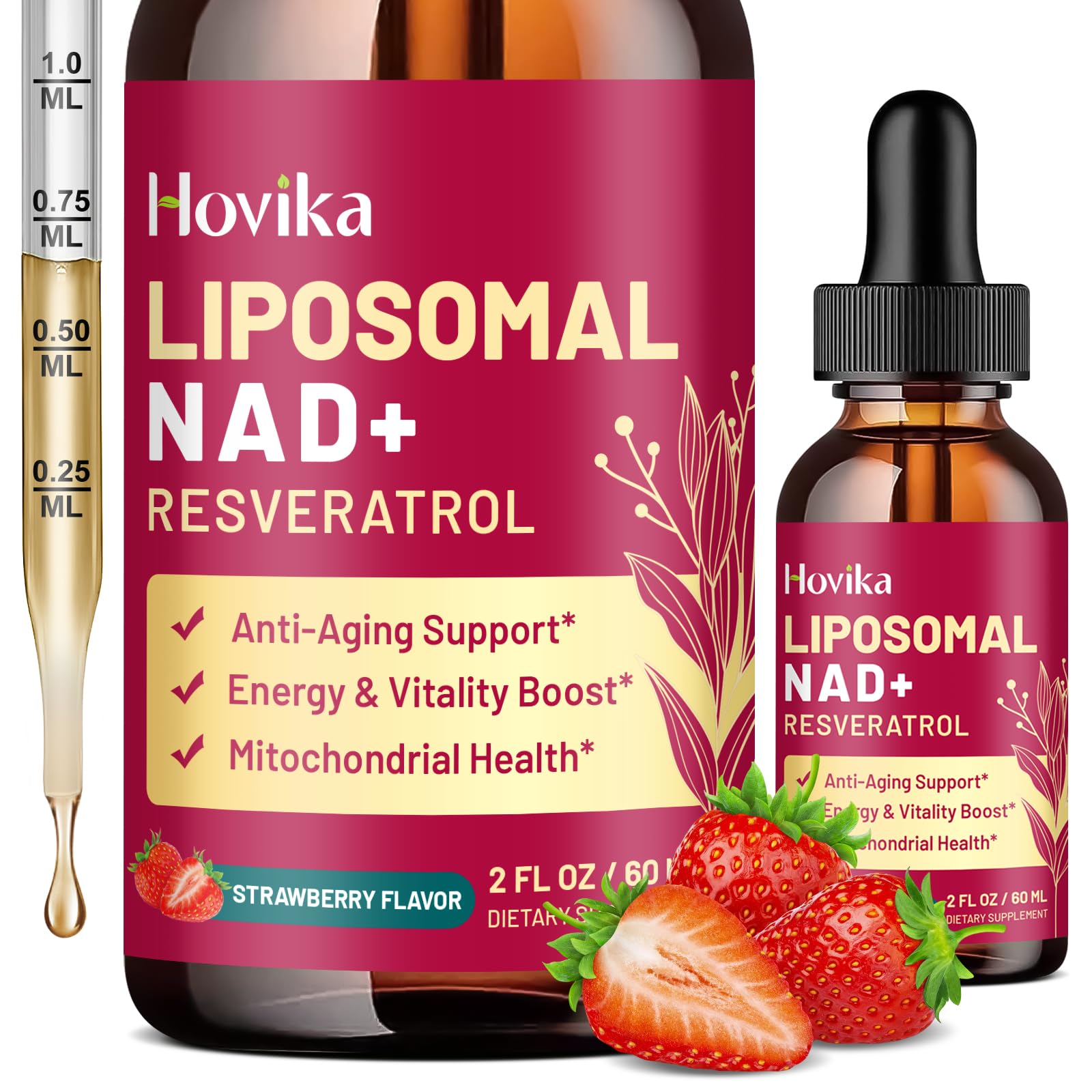 Liposomal NAD Supplement - 1200mg NAD+ Liquid Drops for Women & Men with Resveratrol, Black Pepper Extract - Support Anti-Aging, Brain & Cellular Mitochondrial Health - 2 Fl Oz, Strawberry Flavor - Maple Wellness Supplements
