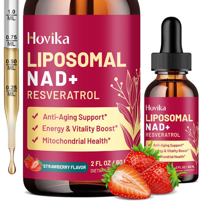 Liposomal NAD Supplement - 1200mg NAD+ Liquid Drops for Women & Men with Resveratrol, Black Pepper Extract - Support Anti-Aging, Brain & Cellular Mitochondrial Health - 2 Fl Oz, Strawberry Flavor - Maple Wellness Supplements