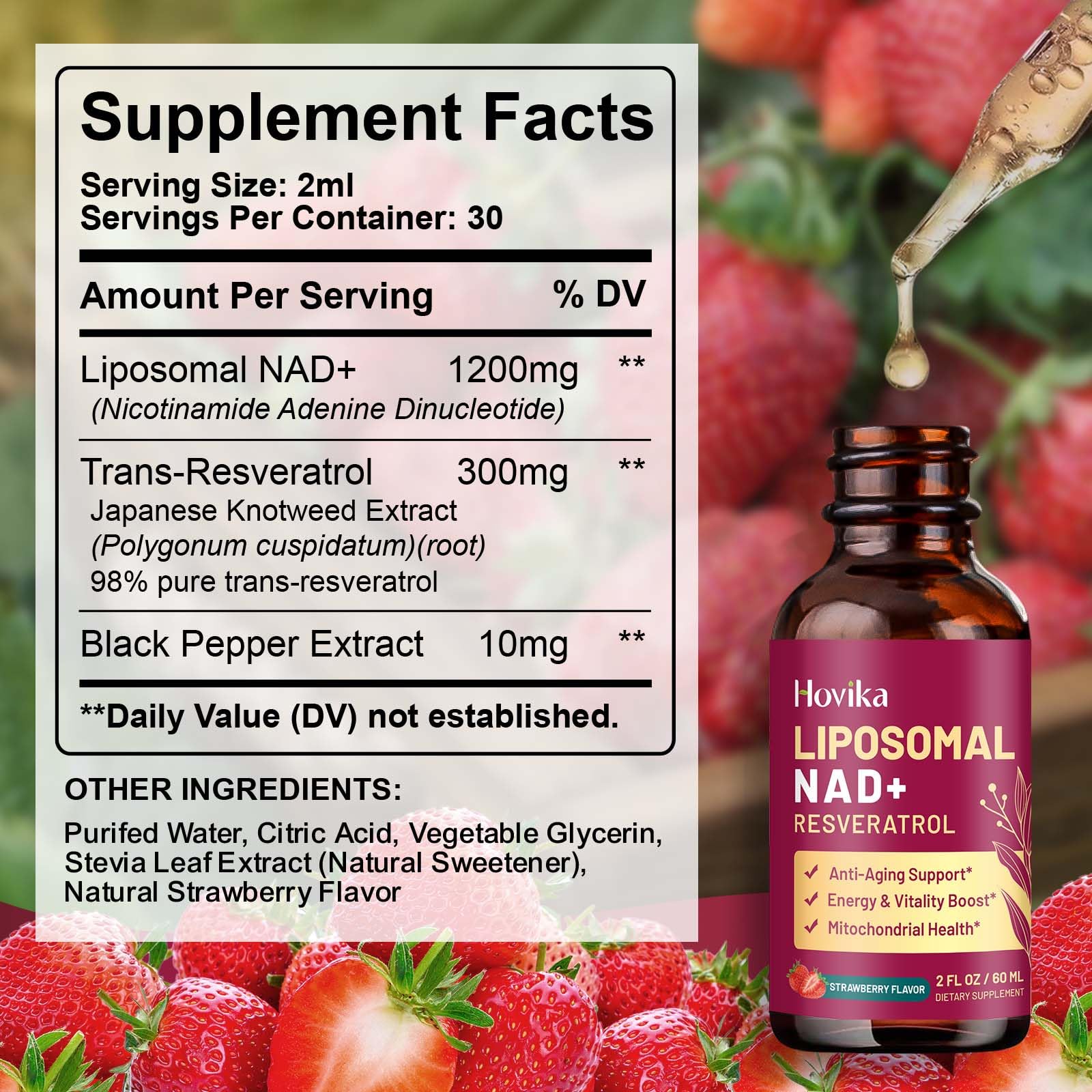 Liposomal NAD Supplement - 1200mg NAD+ Liquid Drops for Women & Men with Resveratrol, Black Pepper Extract - Support Anti-Aging, Brain & Cellular Mitochondrial Health - 2 Fl Oz, Strawberry Flavor - Maple Wellness Supplements