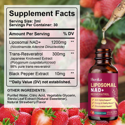 Liposomal NAD Supplement - 1200mg NAD+ Liquid Drops for Women & Men with Resveratrol, Black Pepper Extract - Support Anti-Aging, Brain & Cellular Mitochondrial Health - 2 Fl Oz, Strawberry Flavor - Maple Wellness Supplements