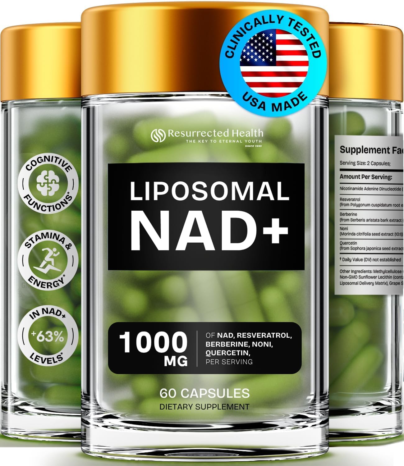 Liposomal NAD Supplement for Women w/Noni | 5-in-1 NAD Resveratrol Supplement w/Berberine & Quercetin | Pure NMN Powder Alternative | Supports Anti Aging & NAD+ Levels | 60 caps - 1 Pack - Maple Wellness Supplements