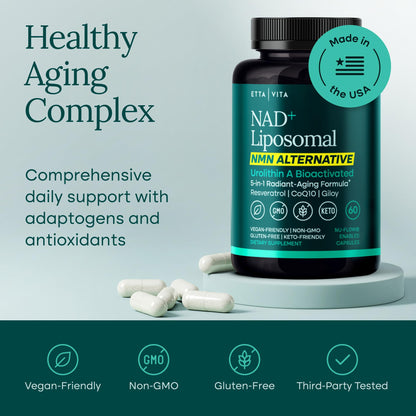 Liposomal NAD+ Supplement - Resveratrol, Urolithin A, CoQ10 & Muira Puama (Made in USA) NAD Supplement for Natural Energy, Brain Fog, Digestion, Detox, Gut Health, Microbiome, NR NMN Replacement - Maple Wellness Supplements
