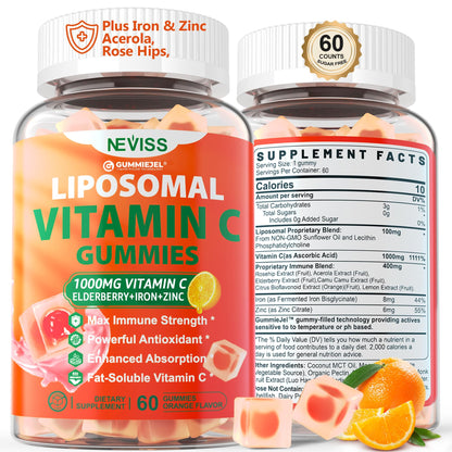 Liposomal Vitamin C 1000mg Gummies for Adults - Vitamin C Chewable with Elderberry, Zinc & 8mg Iron, Sugar Free Vit C Supplements, Daily Immune Support Gummies for Energy - Maple Wellness Supplements