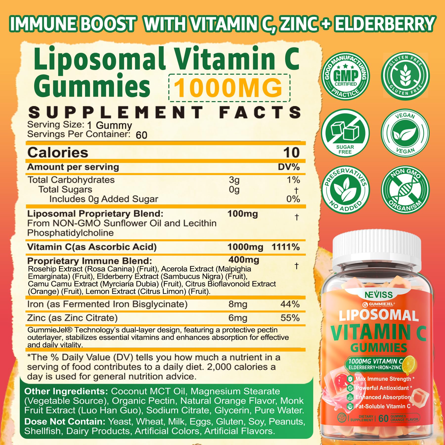 Liposomal Vitamin C 1000mg Gummies for Adults - Vitamin C Chewable with Elderberry, Zinc & 8mg Iron, Sugar Free Vit C Supplements, Daily Immune Support Gummies for Energy - Maple Wellness Supplements