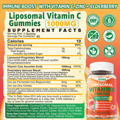 Liposomal Vitamin C 1000mg Gummies for Adults - Vitamin C Chewable with Elderberry, Zinc & 8mg Iron, Sugar Free Vit C Supplements, Daily Immune Support Gummies for Energy - Maple Wellness Supplements