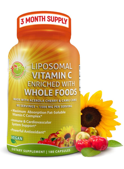 Liposomal Vitamin C Capsules - 1500mg - Made with Organic Acerola Cherries & Camu Camu, High Potency Vitamin C Liposomal - Immune Support Supplement - Maple Wellness Supplements