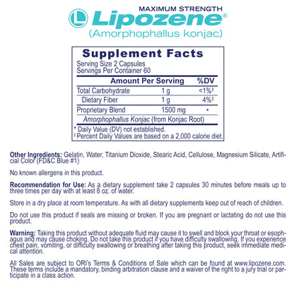 Lipozene MEGA Bottle - 120 Capsules, Making it Our Largest Size Available - Appetite Suppressant - Maple Wellness Supplements
