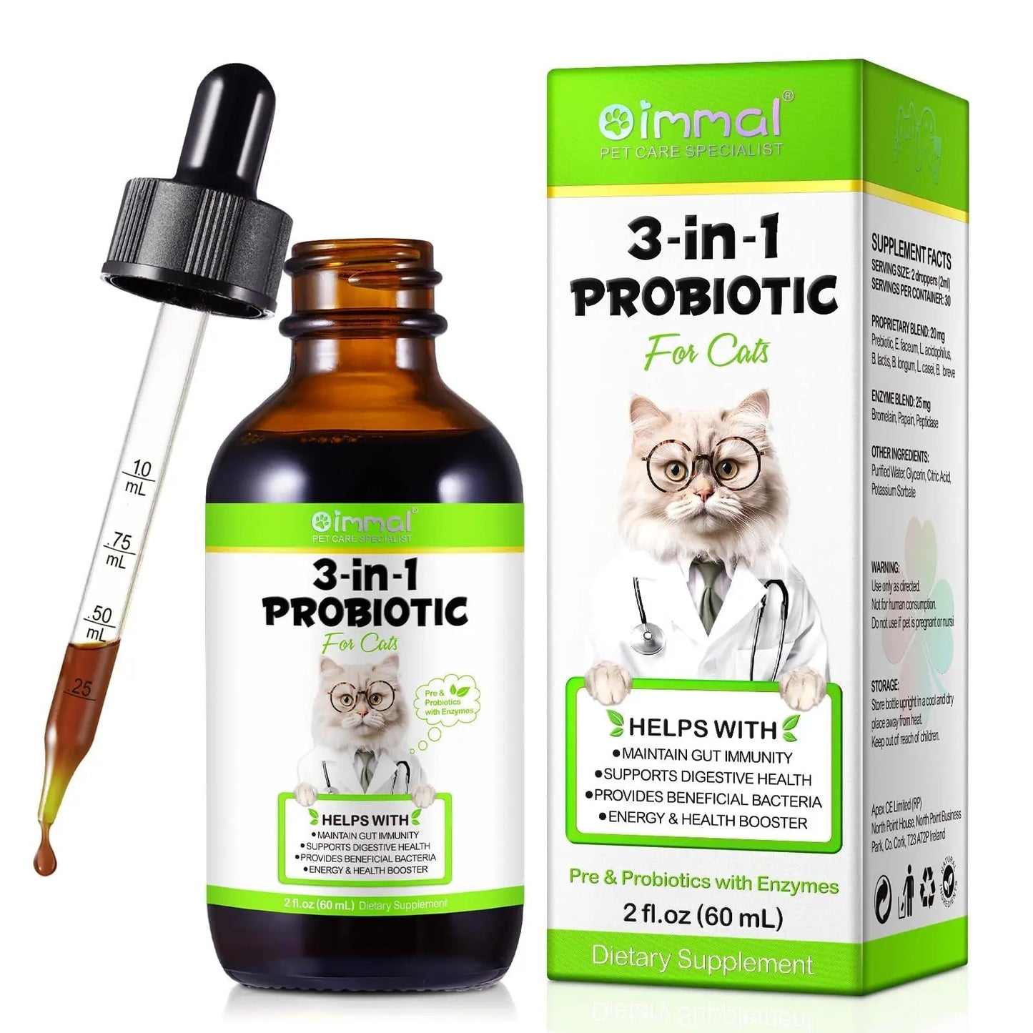 Liquid Cat Probiotic, Natural 3 in 1 Probiotic for Cats, Cat Digestive Support,Gut Health Support,Help with Diarrhea,Gas and Bloating, Cat Herbal Supplements- 60ml - Maple Wellness Supplements