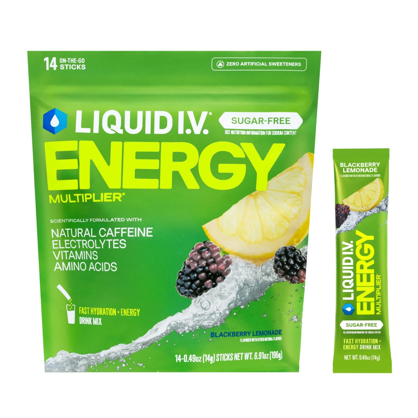 Liquid I.V.® Hydration Multiplier Sugar-Free + Energy - Blackberry Lemonade | Electrolyte Powder Drink Mix | 1 Pack (14 Servings) - Maple Wellness Supplements
