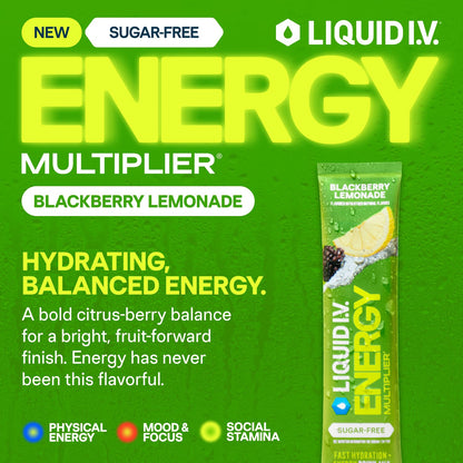 Liquid I.V.® Hydration Multiplier Sugar-Free + Energy - Blackberry Lemonade | Electrolyte Powder Drink Mix | 1 Pack (14 Servings) - Maple Wellness Supplements