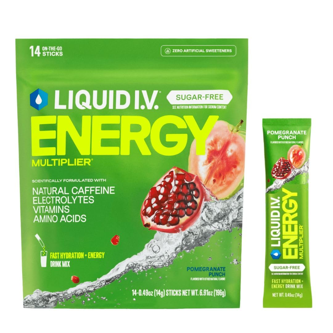 Liquid I.V.® Hydration Multiplier Sugar Free + Energy - Pomegranate Punch | Electrolyte Powder Drink Mix | 1 Pack (14 Servings) - Maple Wellness Supplements