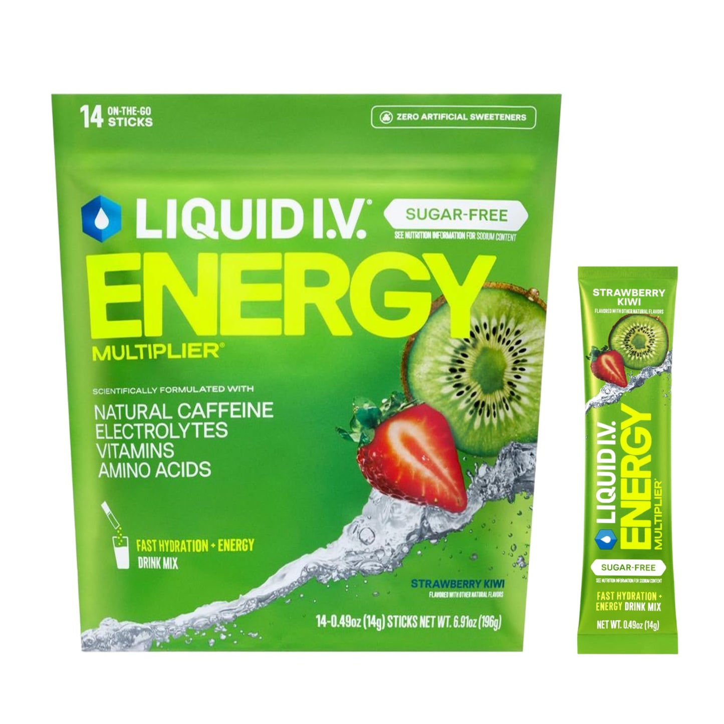 Liquid I.V.® Hydration Multiplier Sugar Free + Energy - Strawberry Kiwi | Electrolyte Powder Drink Mix | 1 Pack (14 Servings) - Maple Wellness Supplements