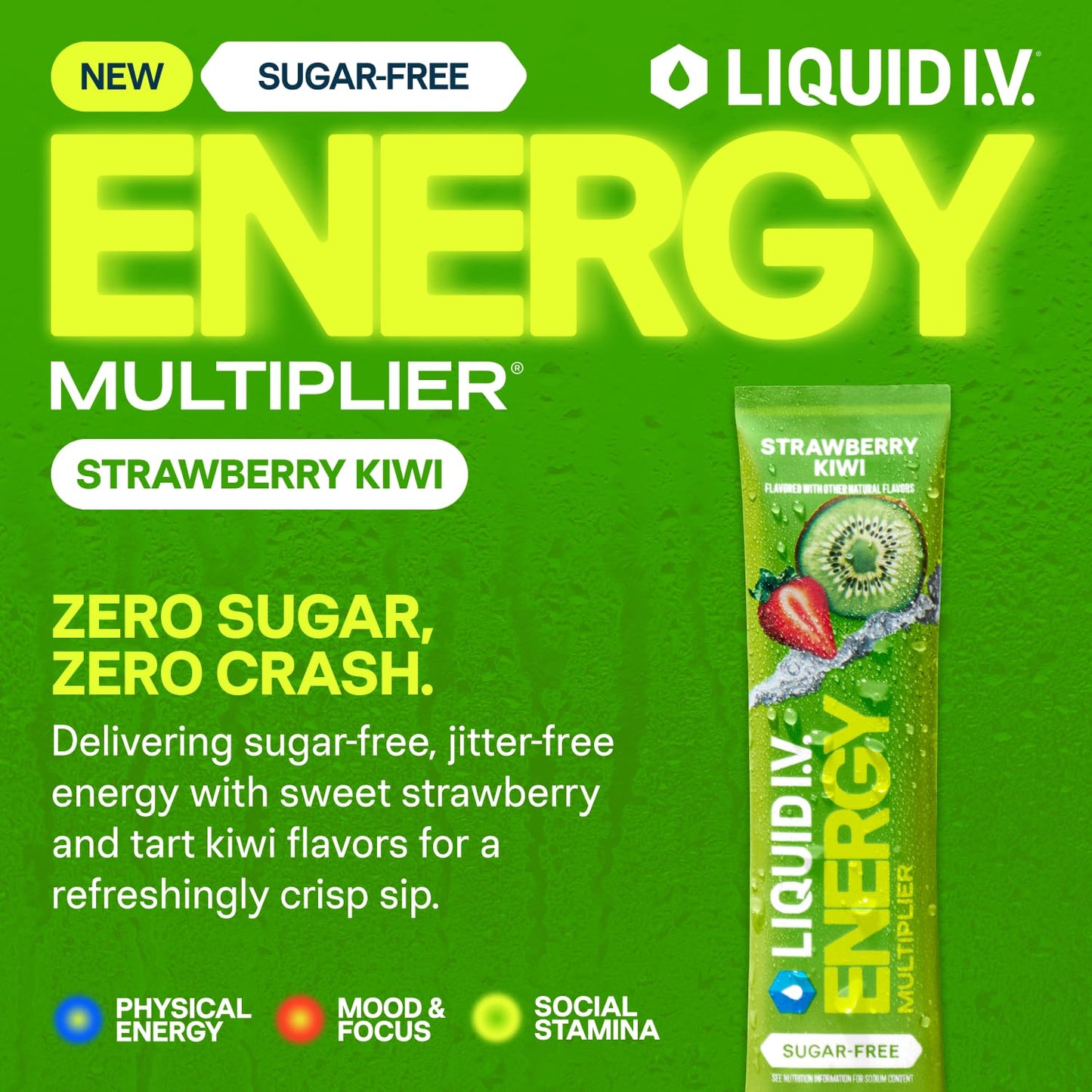 Liquid I.V.® Hydration Multiplier Sugar Free + Energy - Strawberry Kiwi | Electrolyte Powder Drink Mix | 1 Pack (14 Servings) - Maple Wellness Supplements