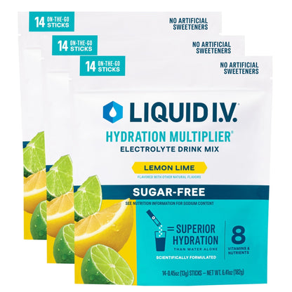 Liquid I.V.® Hydration Multiplier® Sugar-Free - Lemon Lime - Hydration Powder Packets | Electrolyte Powder Drink Mix | Convenient Single-Serving Sticks | Non-GMO | 14 Servings (Pack of 3) - Maple Wellness Supplements
