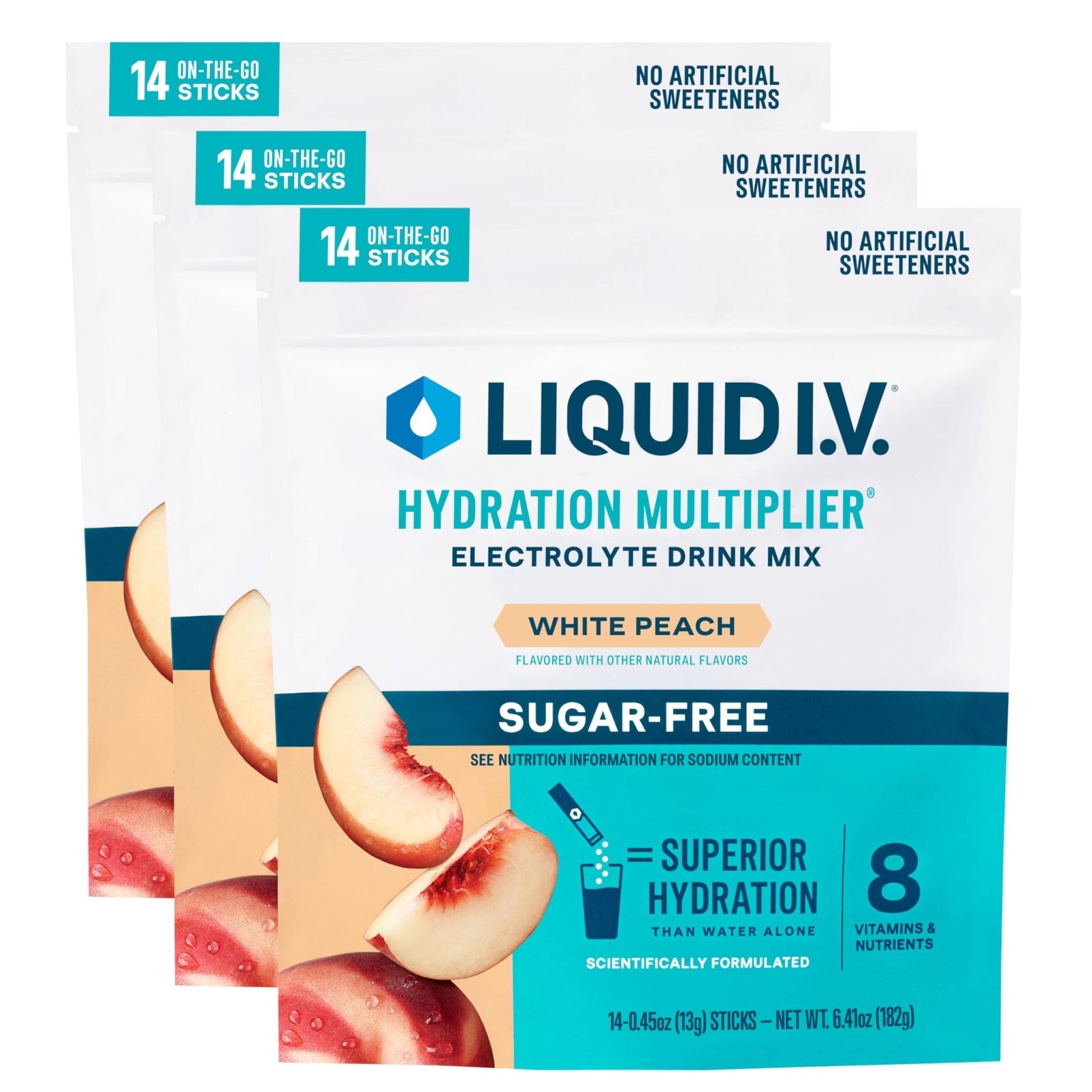 Liquid I.V.® Hydration Multiplier® Sugar-Free - White Peach - Hydration Powder Packets | Electrolyte Powder Drink Mix | Convenient Single-Serving Sticks | Non-GMO | 14 Servings (Pack of 3) - Maple Wellness Supplements
