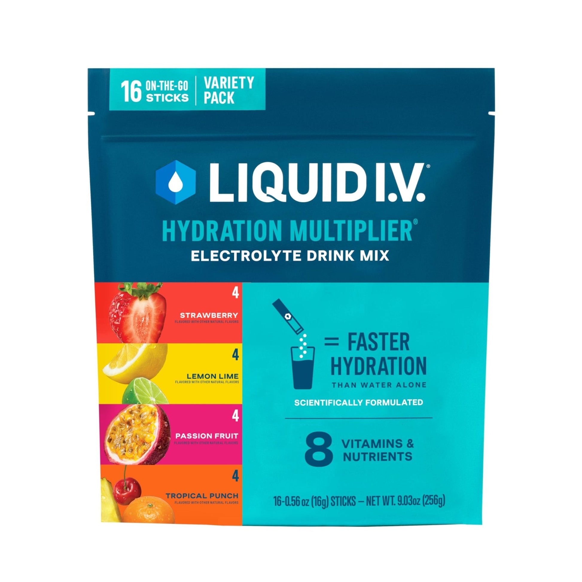 Liquid I.V.® Hydration Multiplier - Variety Pack - Lemon Lime, Passion Fruit, Strawberry, Tropical Punch | Electrolyte Powder Drink Mix | 1 Pack (16 Servings) - Maple Wellness Supplements