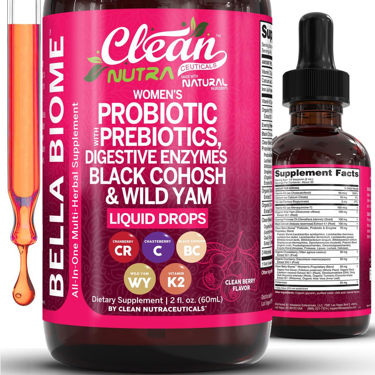 Liquid Probiotics for Women Drops with Chasteberry, Black Cohosh, Prebiotics, Digestive Enzymes, Evening Primrose Oil, Wild Yam, Cranberry Dmannose and Iron Vitamin D3 K2 Clean Nutra Bella Biotics - Maple Wellness Supplements