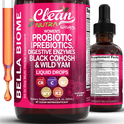 Liquid Probiotics for Women Drops with Chasteberry, Black Cohosh, Prebiotics, Digestive Enzymes, Evening Primrose Oil, Wild Yam, Cranberry Dmannose and Iron Vitamin D3 K2 Clean Nutra Bella Biotics - Maple Wellness Supplements