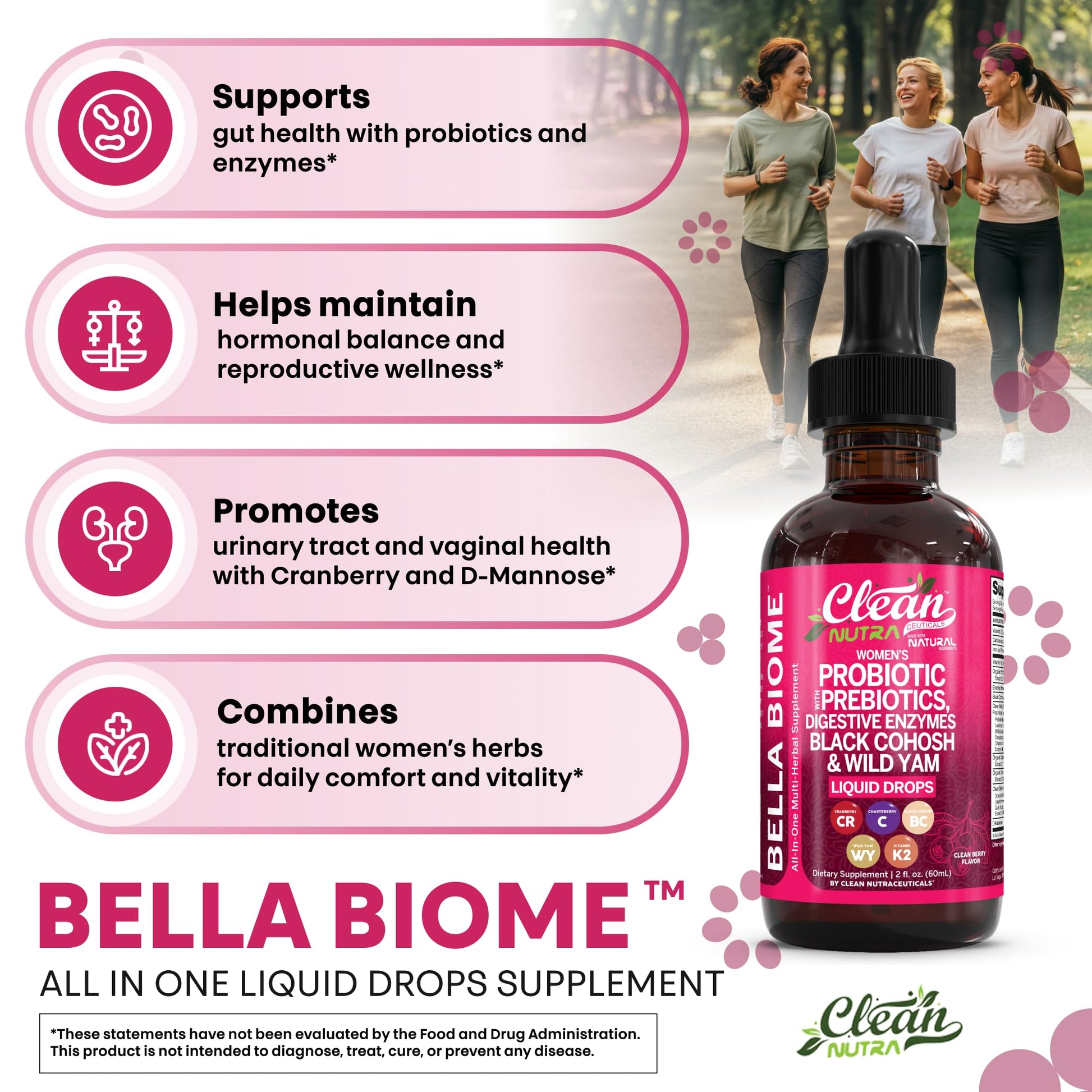 Liquid Probiotics for Women Drops with Chasteberry, Black Cohosh, Prebiotics, Digestive Enzymes, Evening Primrose Oil, Wild Yam, Cranberry Dmannose and Iron Vitamin D3 K2 Clean Nutra Bella Biotics - Maple Wellness Supplements