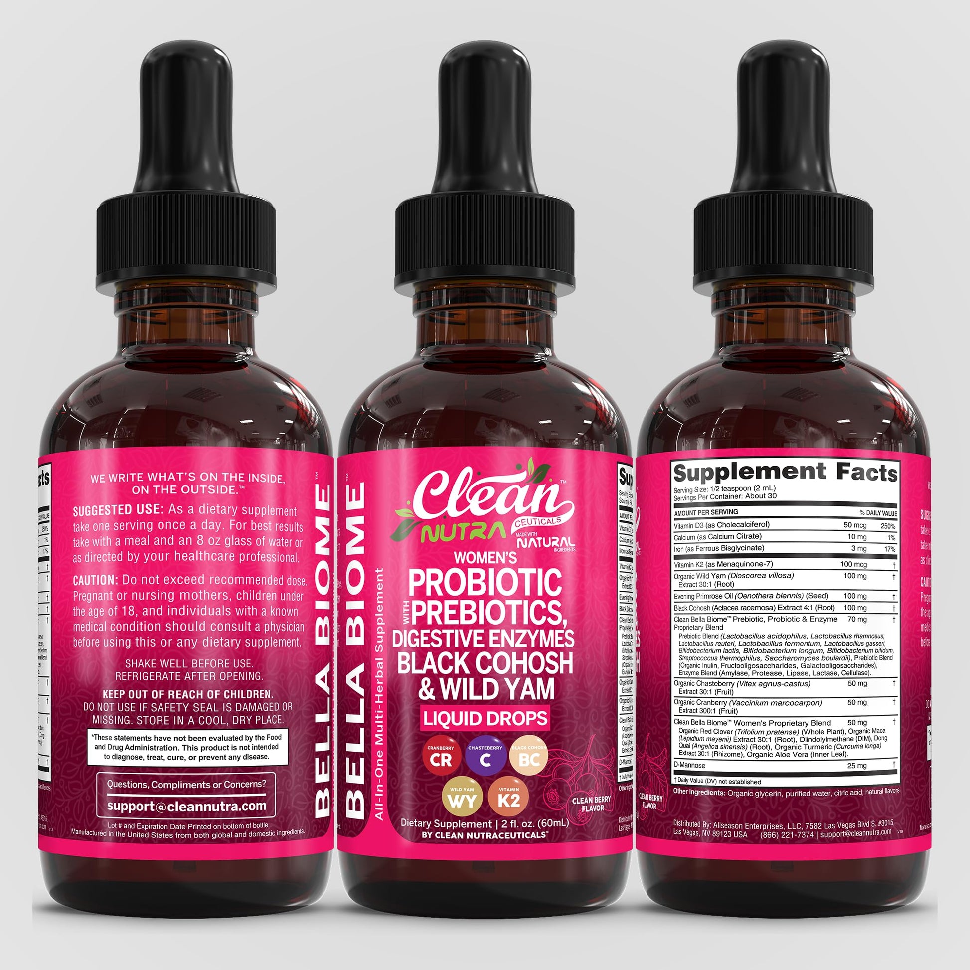 Liquid Probiotics for Women Drops with Chasteberry, Black Cohosh, Prebiotics, Digestive Enzymes, Evening Primrose Oil, Wild Yam, Cranberry Dmannose and Iron Vitamin D3 K2 Clean Nutra Bella Biotics - Maple Wellness Supplements