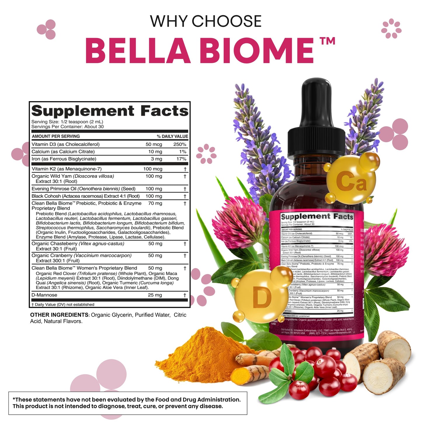 Liquid Probiotics for Women Drops with Chasteberry, Black Cohosh, Prebiotics, Digestive Enzymes, Evening Primrose Oil, Wild Yam, Cranberry Dmannose and Iron Vitamin D3 K2 Clean Nutra Bella Biotics - Maple Wellness Supplements