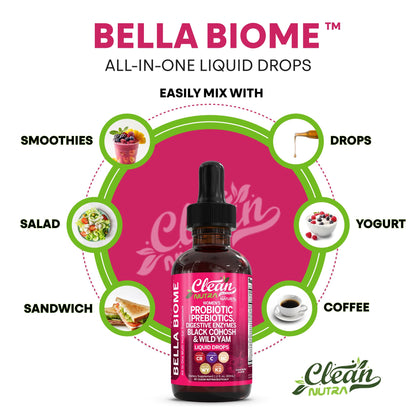 Liquid Probiotics for Women Drops with Chasteberry, Black Cohosh, Prebiotics, Digestive Enzymes, Evening Primrose Oil, Wild Yam, Cranberry Dmannose and Iron Vitamin D3 K2 Clean Nutra Bella Biotics - Maple Wellness Supplements