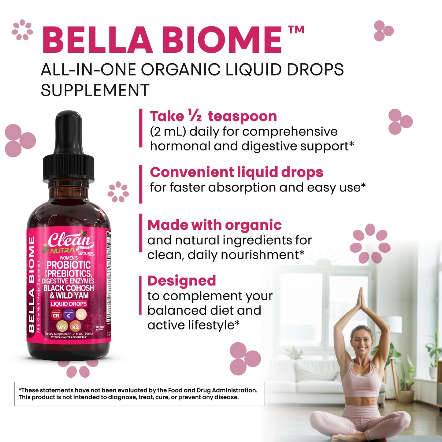Liquid Probiotics for Women Drops with Chasteberry, Black Cohosh, Prebiotics, Digestive Enzymes, Evening Primrose Oil, Wild Yam, Cranberry Dmannose and Iron Vitamin D3 K2 Clean Nutra Bella Biotics - Maple Wellness Supplements