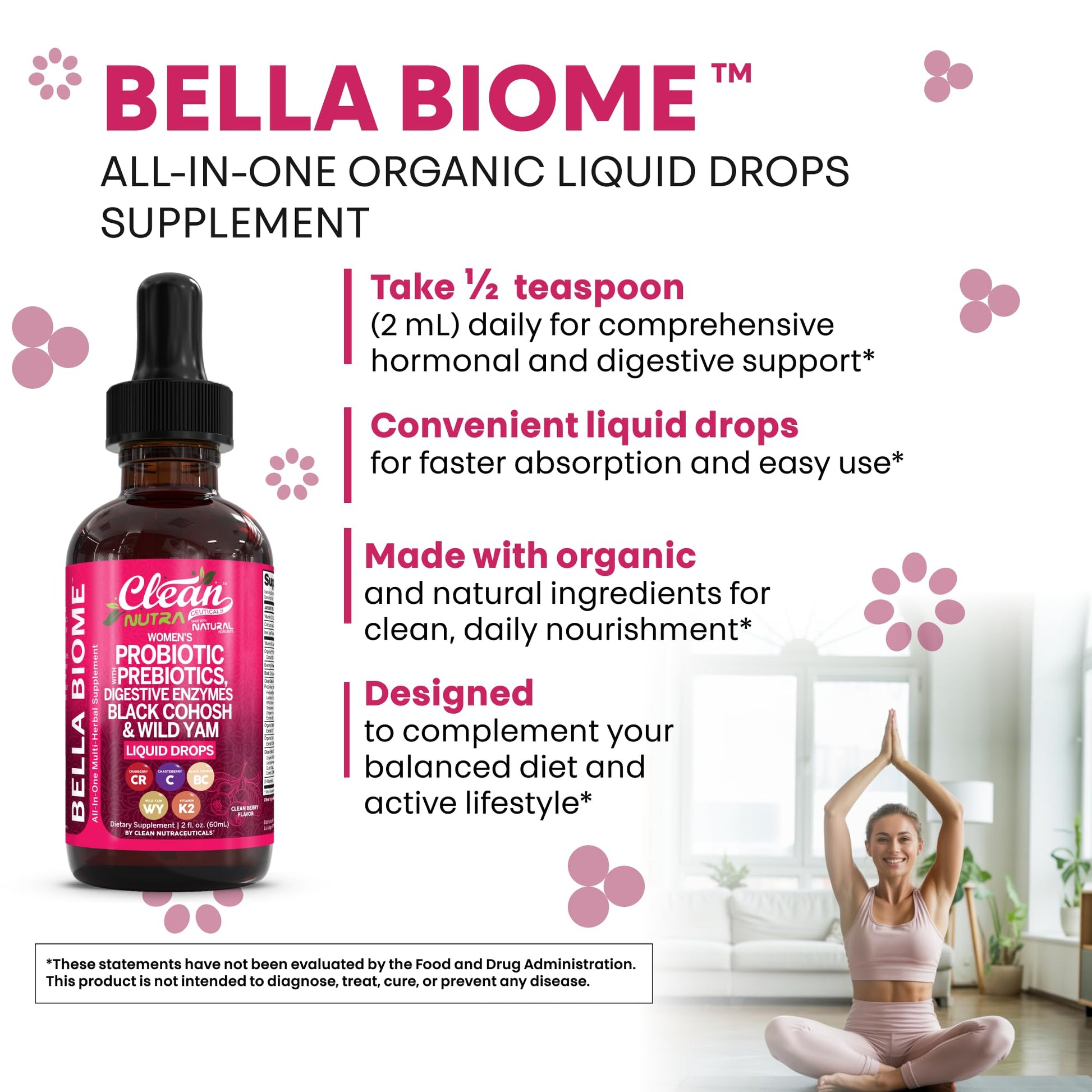 Liquid Probiotics for Women Drops with Chasteberry, Black Cohosh, Prebiotics, Digestive Enzymes, Evening Primrose Oil, Wild Yam, Cranberry Dmannose and Iron Vitamin D3 K2 Clean Nutra Bella Biotics - Maple Wellness Supplements