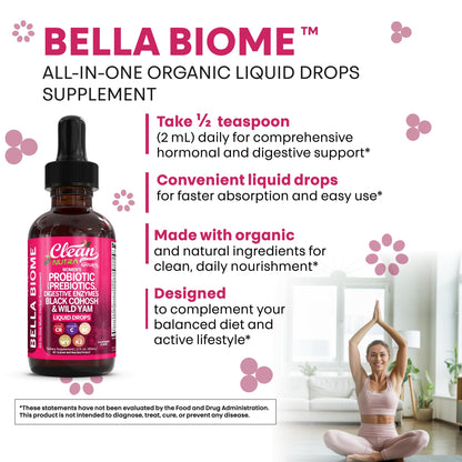 Liquid Probiotics for Women Drops with Chasteberry, Black Cohosh, Prebiotics, Digestive Enzymes, Evening Primrose Oil, Wild Yam, Cranberry Dmannose and Iron Vitamin D3 K2 Clean Nutra Bella Biotics - Maple Wellness Supplements