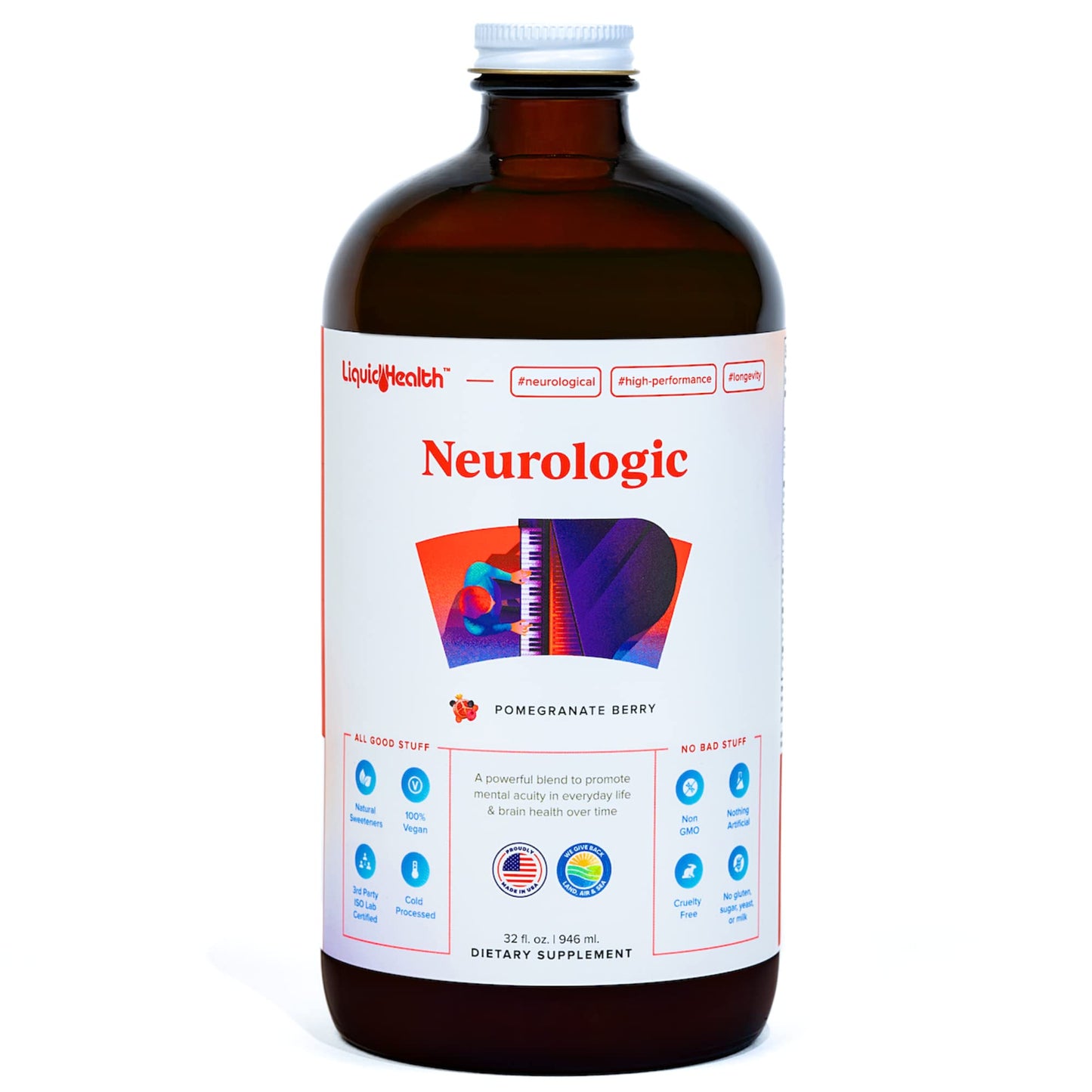 LIQUIDHEALTH Neurologic Focus Supplement - Brain Booster Nootropic Supplement for Cognitive Function, Memory & Focus with Ginkgo Biloba, Choline, L-Theanine & Phosphatidylserine - USA Made (32 oz) - Maple Wellness Supplements
