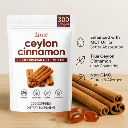 LIRAE Ceylon Cinnamon Softgels with MCT Oil – 300 Softgels – True Ceylon Cinnamon Supplement – Non-GMO, Gluten Free - Maple Wellness Supplements