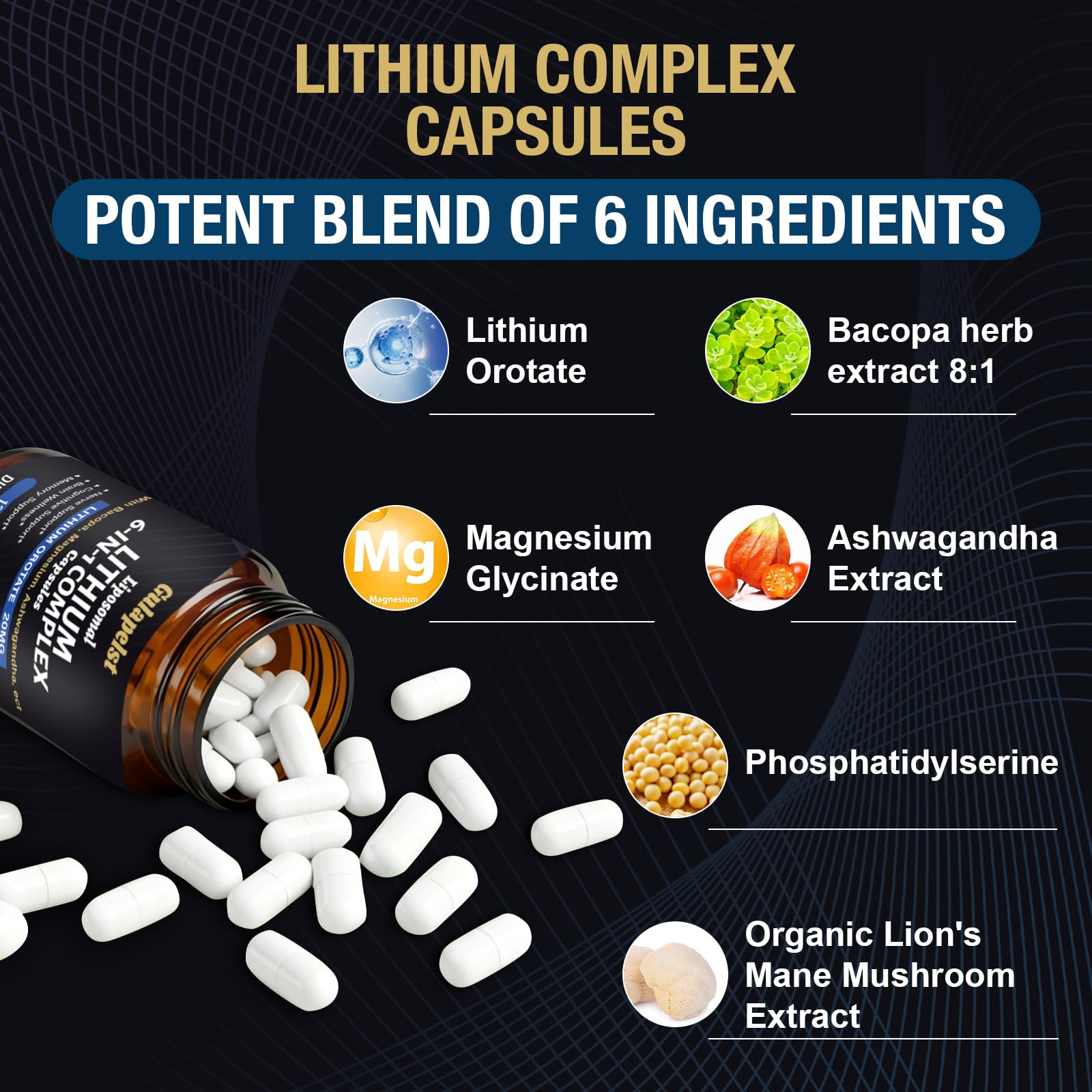 Lisopomal Lithium Orotate Complex Capsules, Lithium Orotate 20 mg, Magnesium Glycinate & Ashwagandha, Brain Health Supplements for Cognitive, Mood & Memory - Maple Wellness Supplements