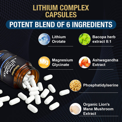 Lisopomal Lithium Orotate Complex Capsules, Lithium Orotate 20 mg, Magnesium Glycinate & Ashwagandha, Brain Health Supplements for Cognitive, Mood & Memory - Maple Wellness Supplements