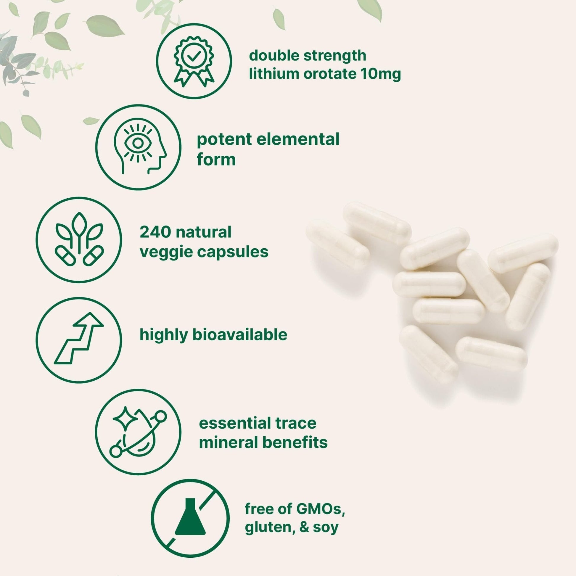 Lithium Orotate 10mg, 240 Veggie Capsules | 5mg Per Capsules | High Bioavailability Trace Mineral | Healthy Aging, Brain Supplement - Maple Wellness Supplements