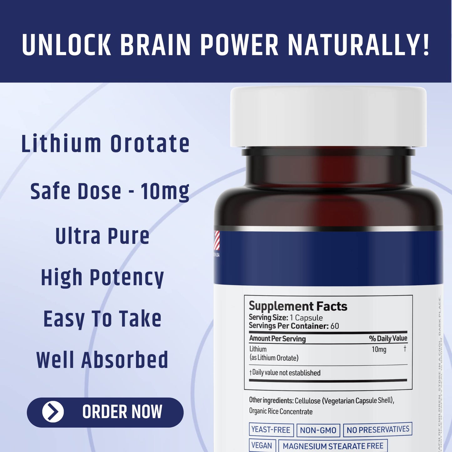 Lithium Orotate 10mg per Capsule - 60 Vegetarian Capsules. Memory and Emotional Wellness Support - Magnesium Stearate Free - Maple Wellness Supplements