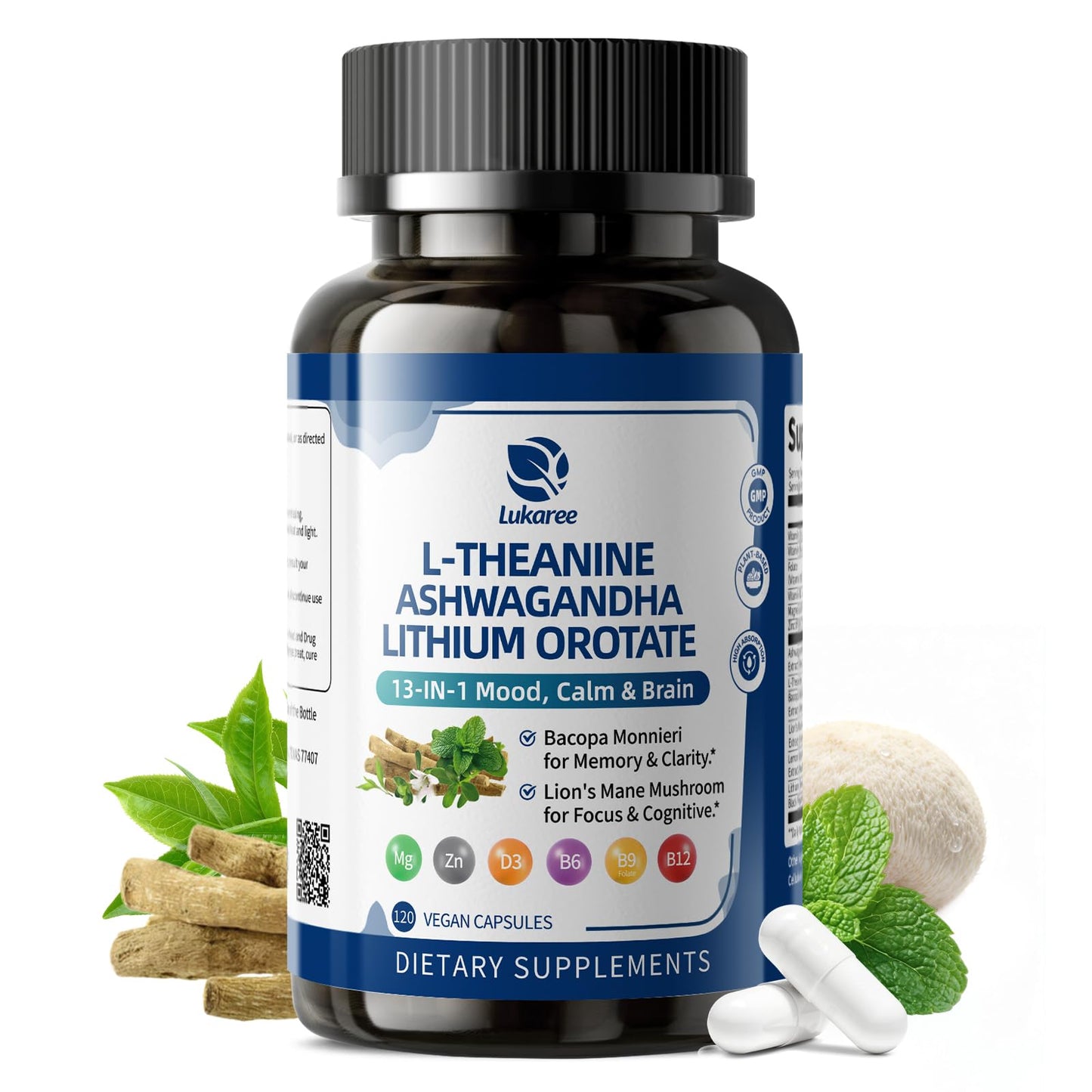 Lithium Orotate 5/10mg, L-Theanine 200mg, Ashwagandha 300mg - Mood Focus Memory Brain Supplements with Bacopa Monnieri, Lion’s Mane, Magnesium, Zinc D3 B6 Folate B12 - Maple Wellness Supplements
