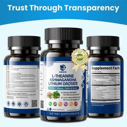 Lithium Orotate 5/10mg, L-Theanine 200mg, Ashwagandha 300mg - Mood Focus Memory Brain Supplements with Bacopa Monnieri, Lion’s Mane, Magnesium, Zinc D3 B6 Folate B12 - Maple Wellness Supplements