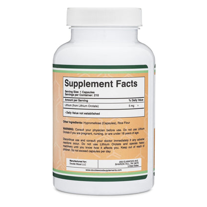 Lithium Orotate 5mg of Elemental Lithium for Cognition and Brain Health, 210 Capsules (Third Party Tested, Vegan Safe, Non-GMO) by Double Wood Supplements - Maple Wellness Supplements