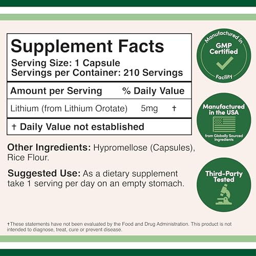 Lithium Orotate 5mg of Elemental Lithium for Cognition and Brain Health, 210 Capsules (Third Party Tested, Vegan Safe, Non-GMO) by Double Wood Supplements - Maple Wellness Supplements