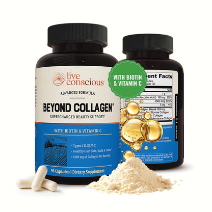 Live Conscious Beyond Collagen Multi Collagen Capsules - Types I, II, III, V & X - Hydrolyzed Blend with Biotin & Vitamin C for Hair, Skin, Nails 90 Capsules - Maple Wellness Supplements