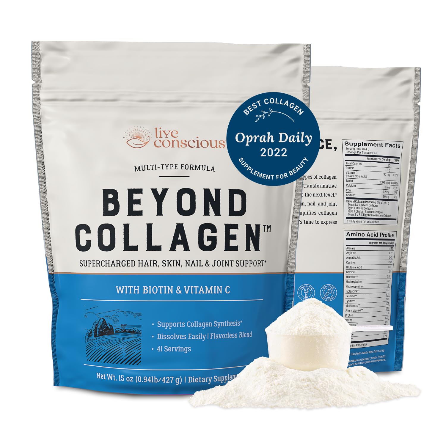Live Conscious Beyond Collagen Multi Collagen Powder for Women w/Types I, II, III, V & X - Keto Friendly, Hydrolyzed Collagen Peptides Powder Blend w/Biotin & Vitamin C 41 Servings - Maple Wellness Supplements