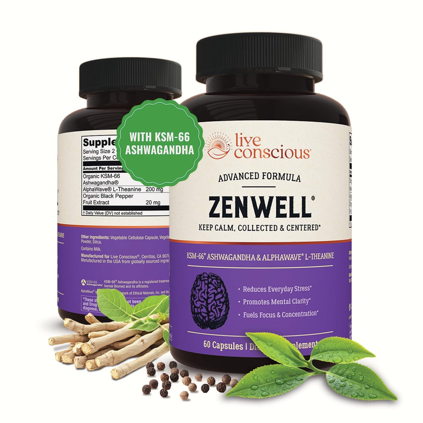 Live Conscious KSM-66 Ashwagandha Supplement w/L Theanine & AlphaWave - ZenWell Everyday Stress Relief, Cognitive, Brain Health - Maple Wellness Supplements