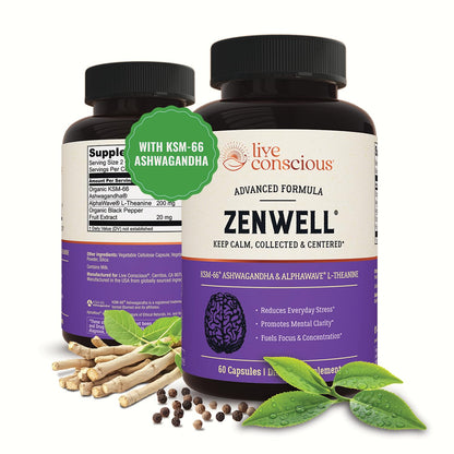 Live Conscious KSM-66 Ashwagandha Supplement w/L Theanine & AlphaWave - ZenWell Everyday Stress Relief, Cognitive, Brain Health - Maple Wellness Supplements