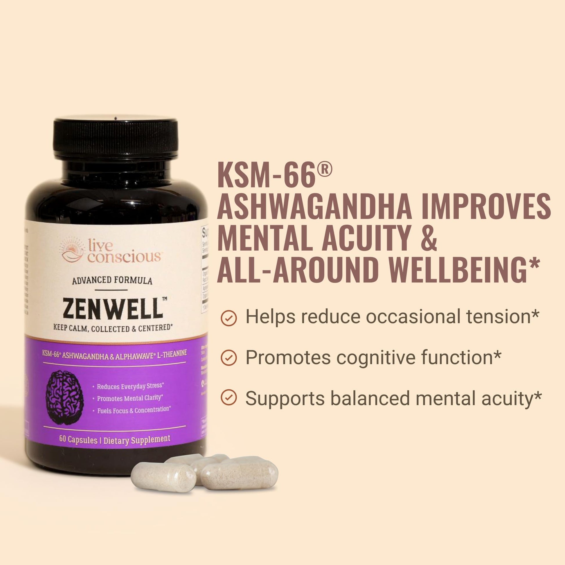 Live Conscious KSM-66 Ashwagandha Supplement w/L Theanine & AlphaWave - ZenWell Everyday Stress Relief, Cognitive, Brain Health - Maple Wellness Supplements