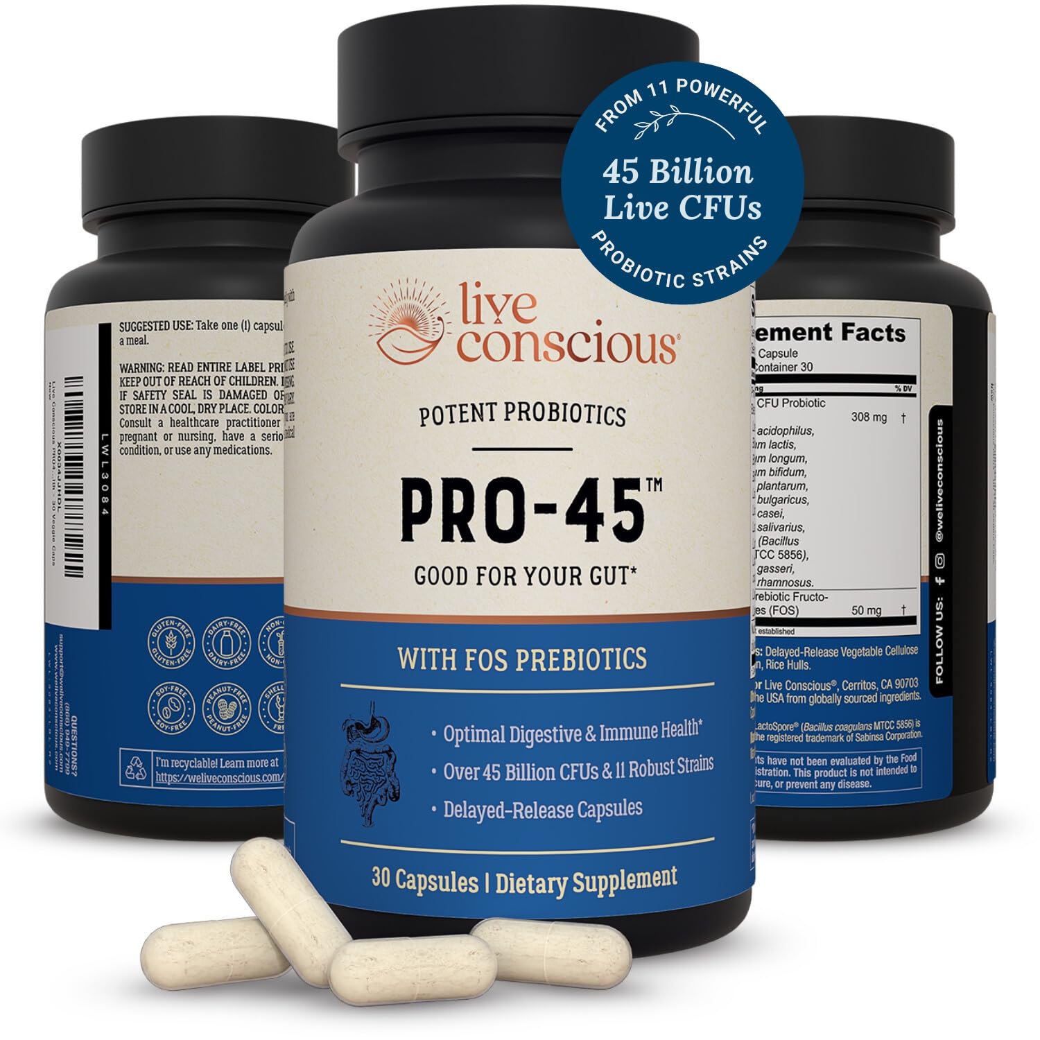 Live Conscious PRO45 Probiotics for Women & Men: Comprehensive Formula, 45 Billion CFU, 11 Strains, Dairy Free - w/Prebiotics and Probiotics - Maple Wellness Supplements